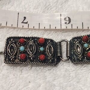 Vintage Thailand Silver Tone Multi Stone Link Bracelet Turquoise Red Coral Style